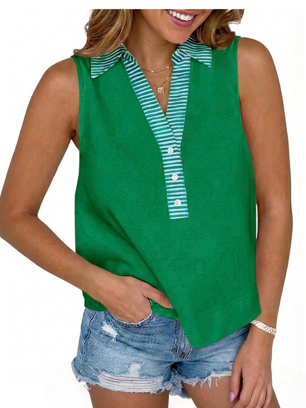 Women V Neck Button Up Tank Top White Green Size Small New L